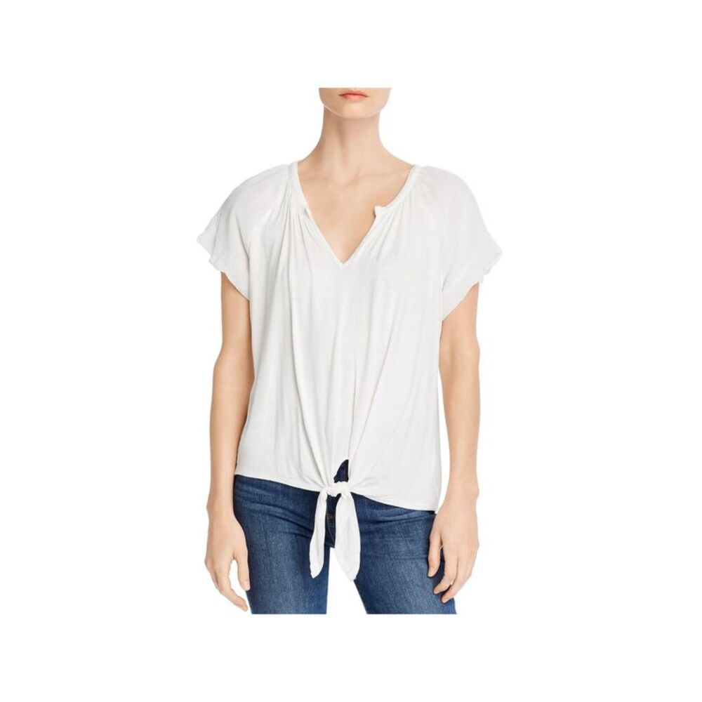 K & C Womens White Tie Shirred Mixed-media Pouf Sleeve Split Peasant Top M